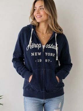 Aeropostale Navy Full-Zip Logo Hoodie with Drawstrings